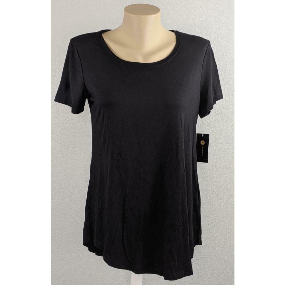 Rounded Hem Flowy Scoop Neck Top Deep Black XS Short Sleeve JM Collection Career